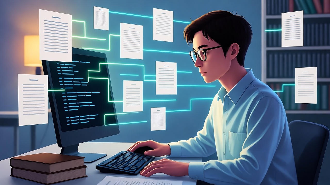 A focused young man wearing glasses works on a computer in a modern office environment, surrounded by floating digital documents and data connections representing coding, data analysis, or artificial intelligence. The scene highlights technology, programming, and digital workflow with a professional and futuristic atmosphere.
